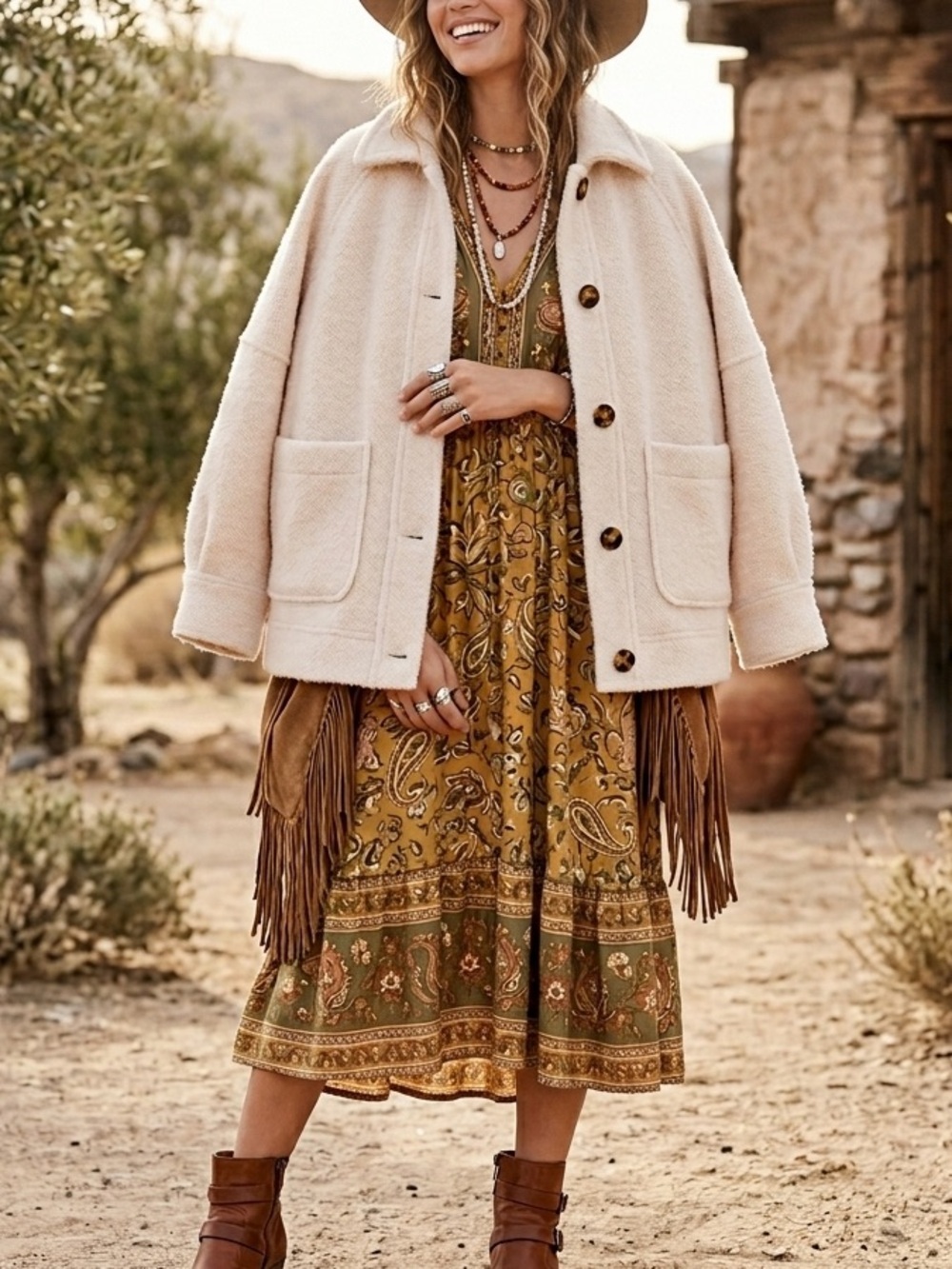 Anthropologie Greylin Lydia Fuzzy Boucle Jacket Shacket Coat Cream Size Large